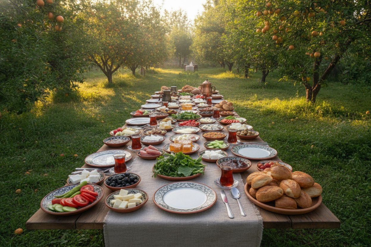 Şile'de bahçe içinde, uzun ahşap masada serilen köy serpme kahvaltısı ve arkada meyve ağaçları