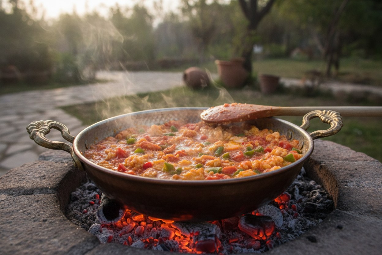 Bakır sahanda köz üstünde pişen menemen