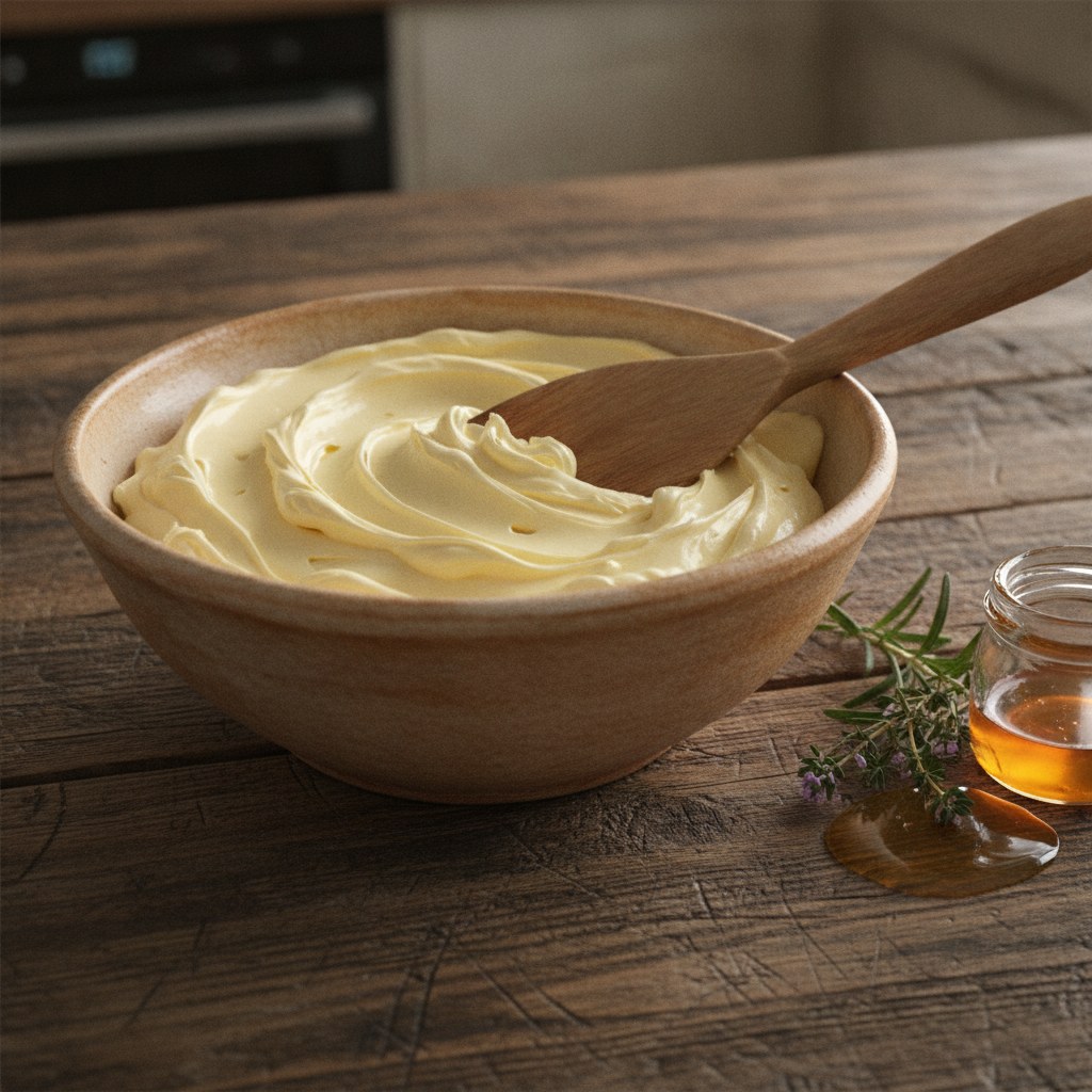 Toprak kâsede sarı yayık tereyağı ve yanında bal